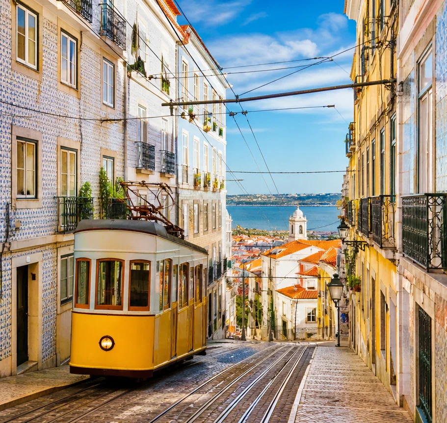 Lisbon tram street with river views
