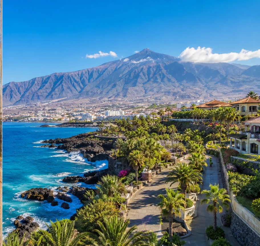 Tenerife volcanic coastline and resort promenade